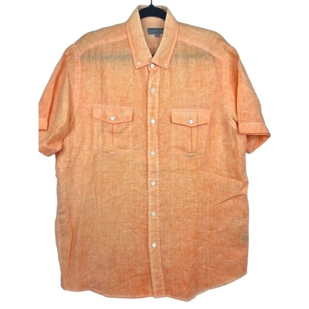 Neiman Marcus Button Down Orange 100% Linen Short Sleeve Mens Large